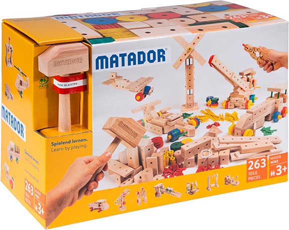 Set di costruzioni in legno per bambini con 263 pezzi, blocchi e strumenti