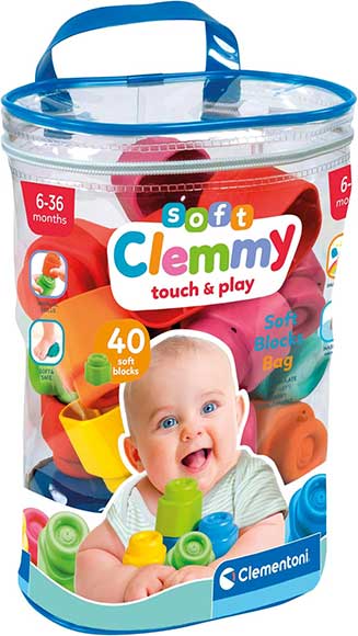 Sacca con 40 mattoncini morbidi Clemmy per la prima infanzia