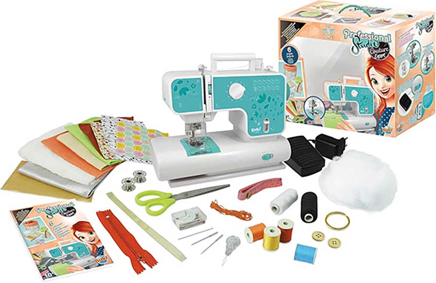 Macchina da cucire Buki per bambini con accessori e tessuti
