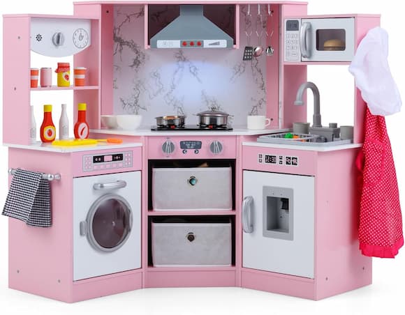 Cucina giocattolo rosa per bambini con forno, lavello, lavatrice e accessori