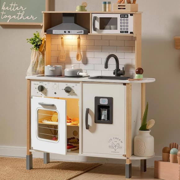 Cucina giocattolo effetto legno con forno, lavello e accessori per bambini