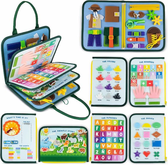 Busy board in feltro con chiusure, lacci e pannelli educativi rimovibili