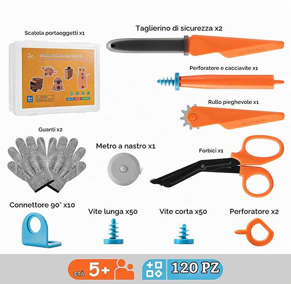 Kit con utensili e connettori per lavorare il cartone