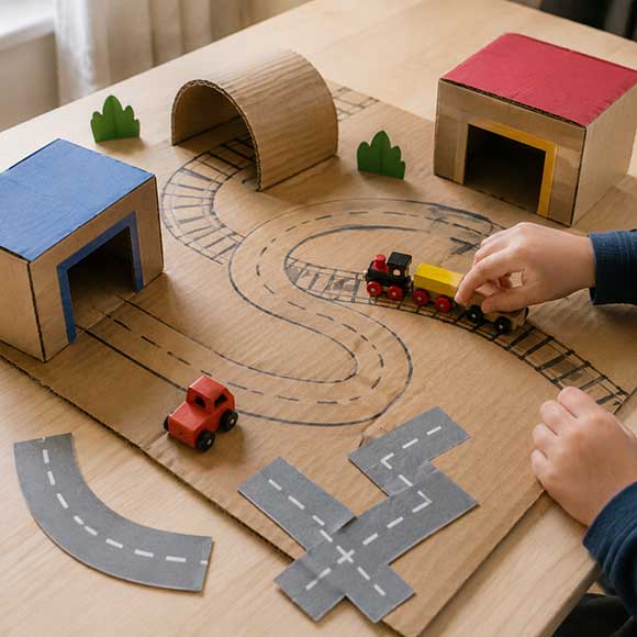 Pista fai da te in cartone con tunnel, garage e trenino