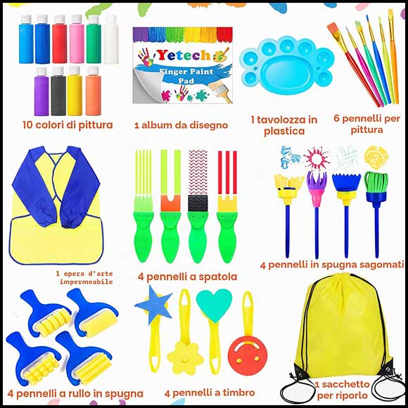 Set da pittura per bambini con colori, pennelli, rulli e timbri