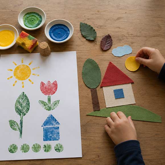 Timbri colorati e composizione con forme di carta e stoffa