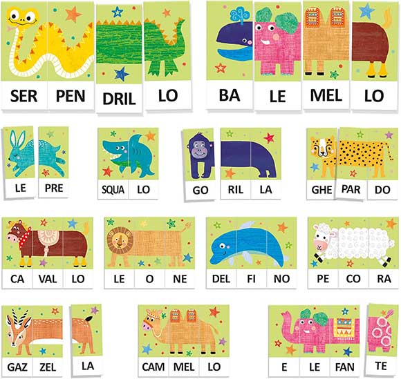Tessere illustrate per comporre nomi di animali e nuove parole