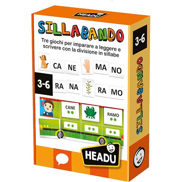 Gioco con tessere illustrate per leggere e dividere le parole in sillabe